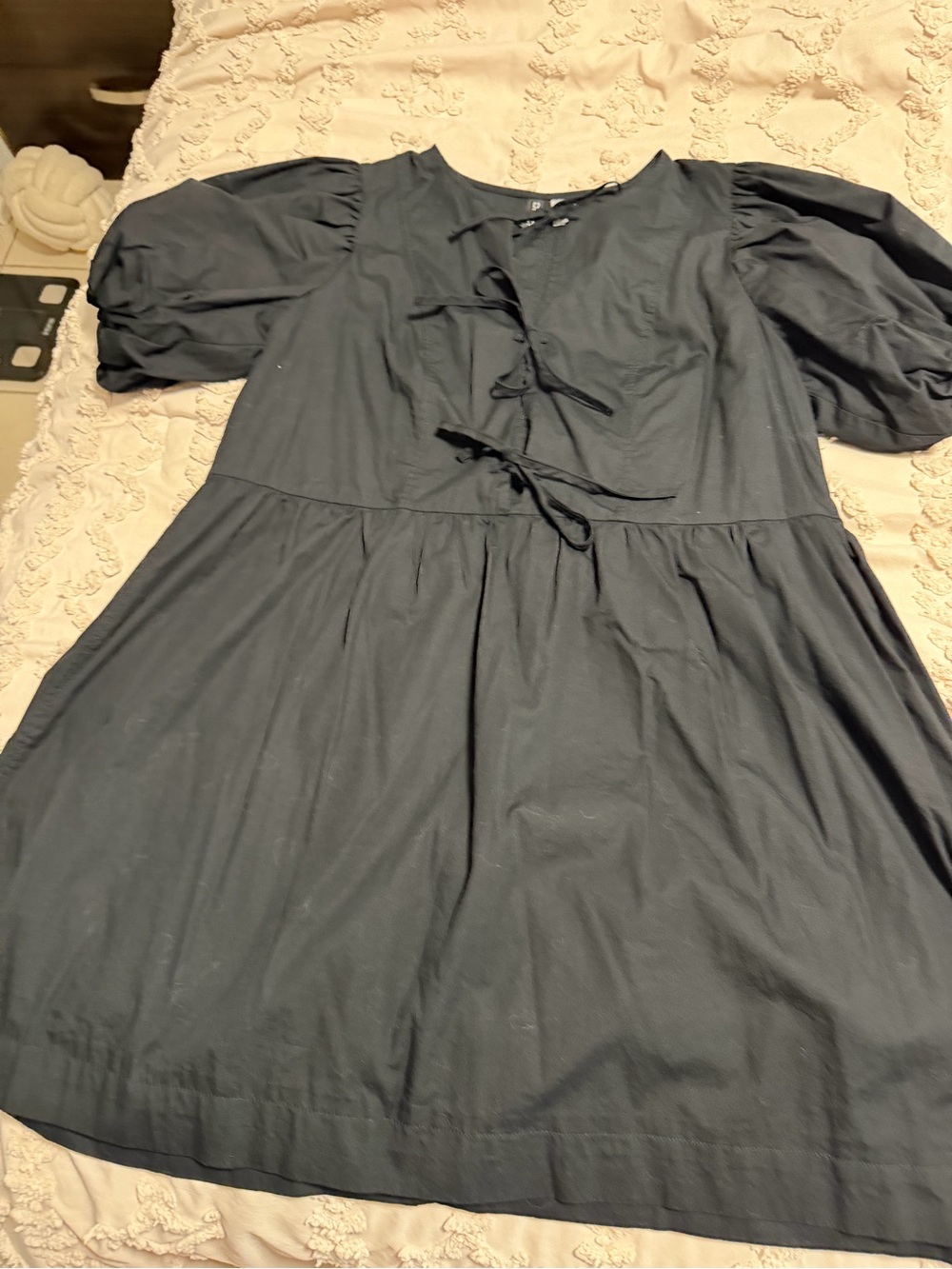 H&M Navy Puff Sleeve Tie-Front Mini Dress